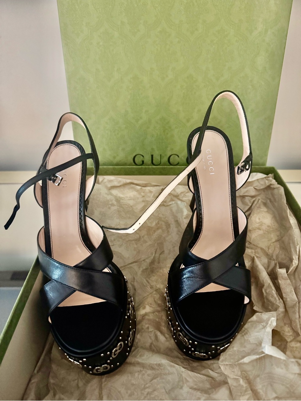 Gucci Black Leather Platform Studded Slingback Sandals